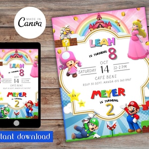 Prinzessin Peach Und Mario Bros Gemeinsame Geburtstagseinladung-Zwei Thema Party-Geschwister Bearbeitbar Invite-Double Kids Party-Digital Sofort download
