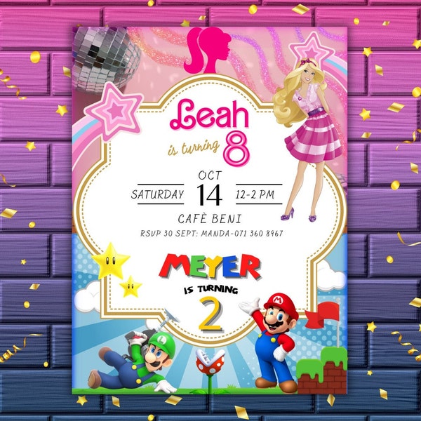 Digital Joint Birthday Invitation-Two Theme Birthday-Mario Bros and Doll Party-Sibling Editable Invite-Double Kids Party-Instant download