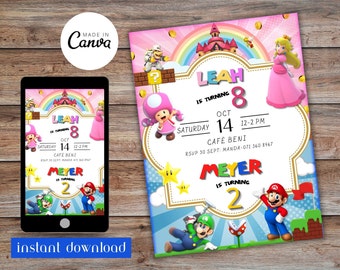 Princess Peach And Mario Bros Joint Birthday Invitation-Two Theme Party-Sibling Editable Invite-Double Kids Party-Digital Instant download