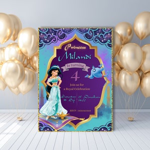 Convite digital de aniversário da princesa Jasmine - Convite para festa de princesa - Convite para festa infantil - Download instantâneo de modelo - Festa de Aladdin - Cartão para impressão