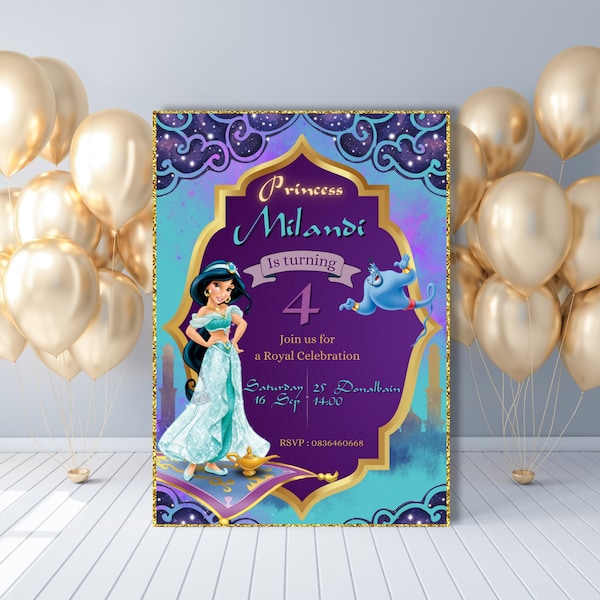 Digital Princess Jasmine Birthday Invitation-Princess Party Invite-Kids Party Invite-Instant Template Download-Aladdin Party-Printable Card