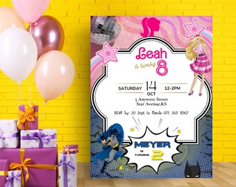 Joint Birthday Invitation Template-Two Theme Birthday-Doll and Bat Boy Party-Twins Editable Invite-Double Kids Party-Bat Boy-Doll Girl