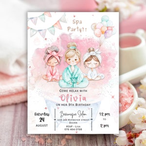 Invito di compleanno per festa in spa modificabile - Invito per festa di coccole digitale - Download immediato del modello - Giornata per ragazze - Giornata in spa - Invito per spa con acquerello