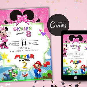 Minnie Maus Und Mario Bros Gemeinsame Geburtstagseinladung-Zwei Thema Party-Geschwister Bearbeitbar Invite-Double Kids Party-Digital Sofort download