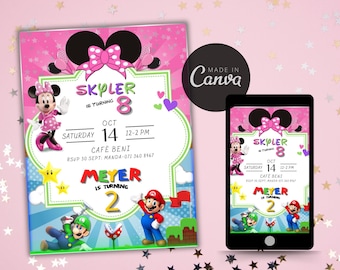 Minnie Mouse And Mario Bros Joint Birthday Invitation-Two Theme Party-Sibling Editable Invite-Double Kids Party-Digital Instant download