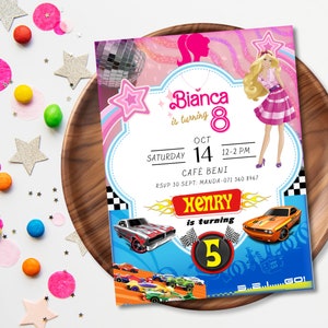 May include: A pink and blue birthday party invitation with a cartoon image of a girl in a pink dress and a boy in a race car. The text on the invitation reads "Bianca is turning 8" and "Henry is turning 5".
