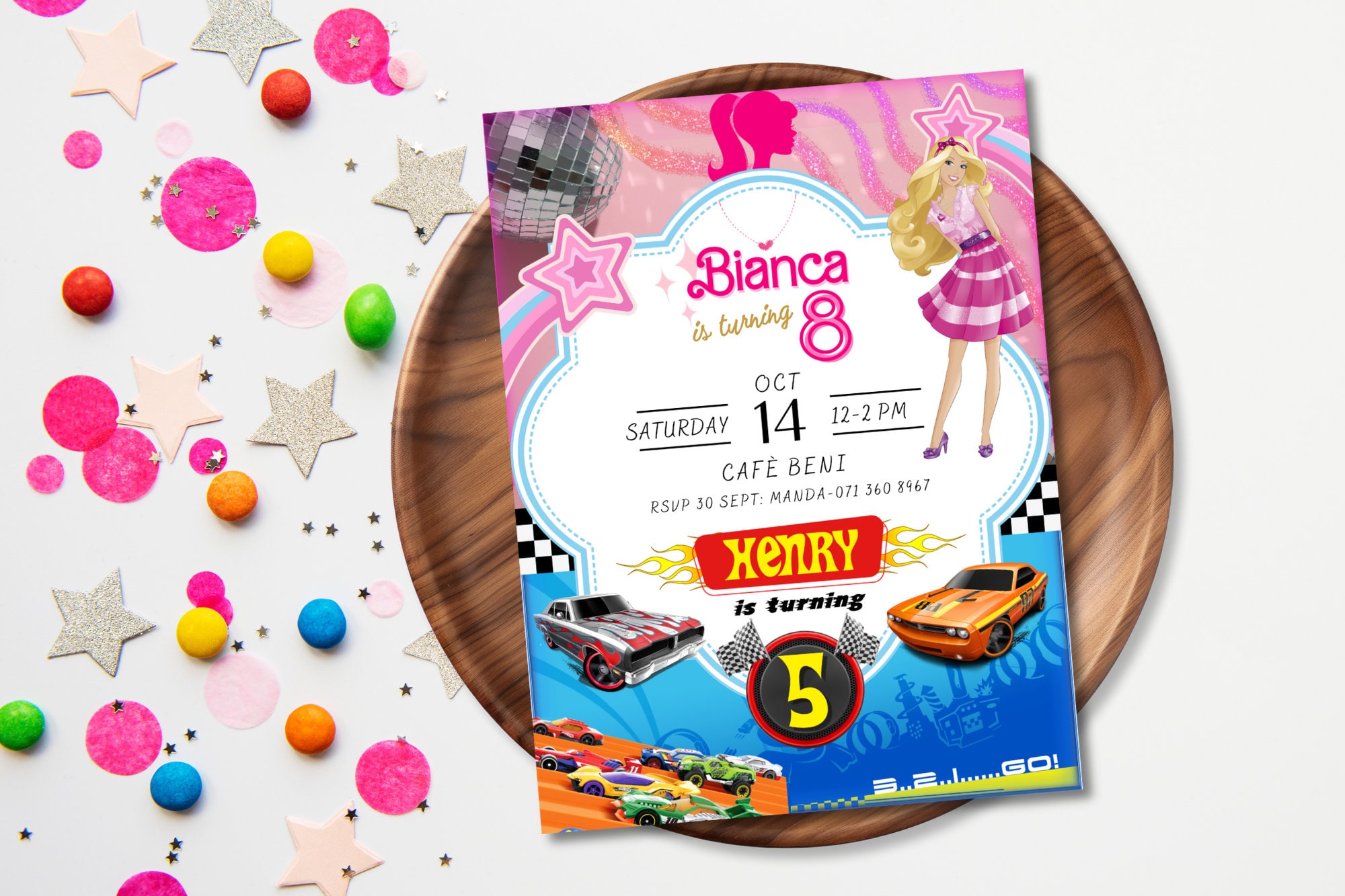 Digital Joint Birthday Invitation-Two Theme Birthday-Hot Cars and Doll Invitation-Sibling Editable Invite-Double Kids Party-Instant Download
