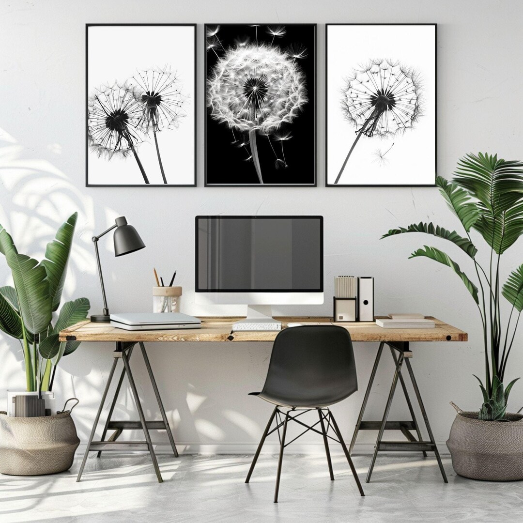 Modern Dandelion Print | Black and White | Printable Wall Art - Etsy