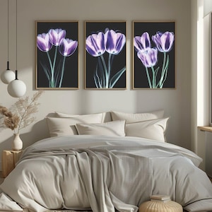 Vibrant X-Ray Tulip Art | Purple & White Floral Print | Minimalist Home Decor