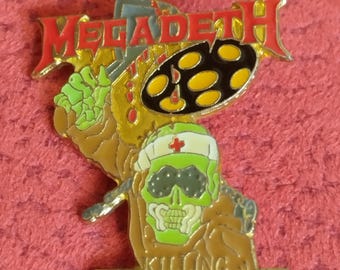 Megadeth 1988 ©, Killing is my business, vintage 80s enamel pin used, 2 pin block back, Vic Rattlehead, amazing pin for amazing jacket vest