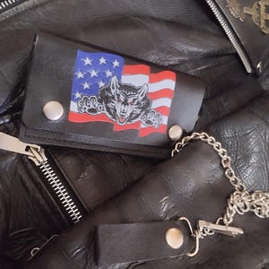 Biker Leder Portemonnaie made in USA, Vintage 90er Jahre, mit Kette, Wolf USA Flagge, echt Leder, unverkaufter Lagerbestand 90er Jahre, Keep on Truck, Trucker Look