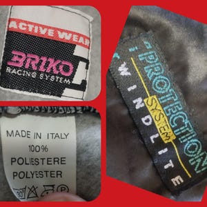 May include: Two white labels with black text on a gray background. The top label reads "ACTIVE WEAR BRIKO RACING SYSTEM". The bottom label reads "MADE IN ITALY 100% POLIESTERE POLYESTER". A black label with yellow and blue text reads "PROTECTION SYSTEM WINDLITE".