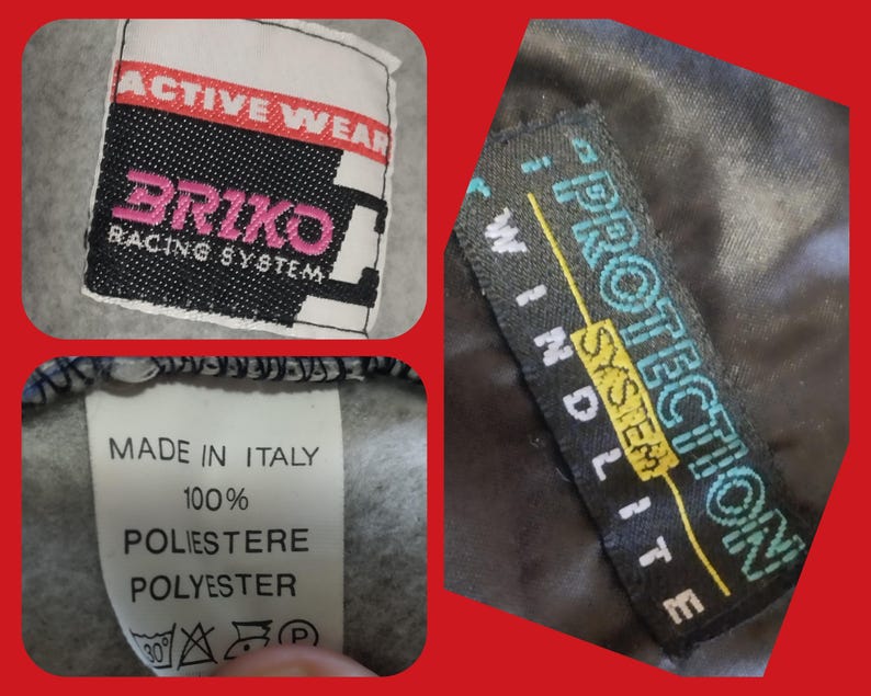 May include: Two white labels with black text on a gray background. The top label reads "ACTIVE WEAR BRIKO RACING SYSTEM". The bottom label reads "MADE IN ITALY 100% POLIESTERE POLYESTER". A black label with yellow and blue text reads "PROTECTION SYSTEM WINDLITE".