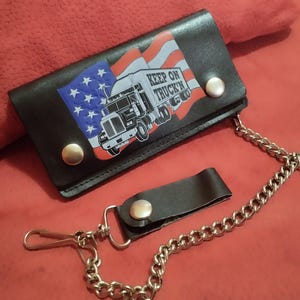 Biker Leder Portemonnaie made in USA, Vintage 90er Jahre, mit Kette, LKW USA Fahne, echtes Leder, unverkaufter Lagerbestand 90er Jahre, keep on Truck, Trucker Look
