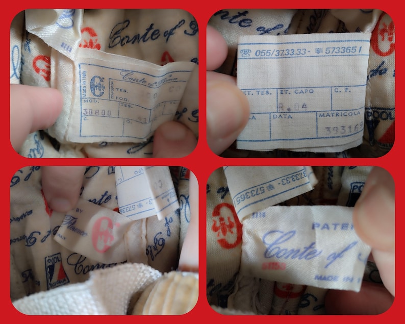 May include: Close-up of a white fabric label with the text "Conte of" printed in black. The label is attached to a white fabric item with a red and white pattern. The label also has the text "Made in Italy" printed on it.