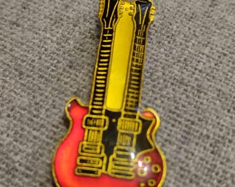 Guitar double neck , vintage 90s badge enamel  crystal Badge to sew or pin with a safety pin.Ideal for baseball caps or for your denim jacke
