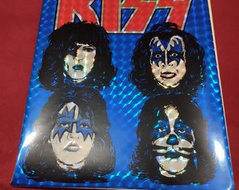 KISS, vintage 80s prismatic stikers blu & red version 12x15 cm. Kiss band, good condiction, Collectible  Paul Gene Ace Peter, makeup blu