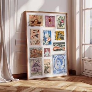 Vintage Stamps Print, Retro Wall Art, Stamps Collection Poster, Trendy Digital Poster, Apartment Decor, Printable art print