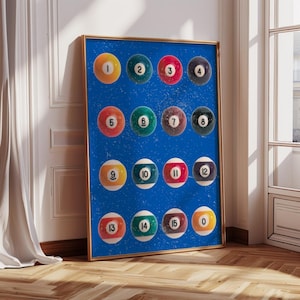 レトロなビリヤードボールのウォールアート、ヴィンテージのプールテーブルの装飾、70年代の美しいビリヤードルームのプリント、ゲームルームのポスター、8ボールのプリント、デジタルダウンロード