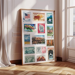 Vintage Briefmarken Drucken, Retro-Wand-Kunst, amerikanische Post Briefmarken Sammlung Poster, trendiges digitales Poster, Wohnung Dekor, druckbare Kunstdruck