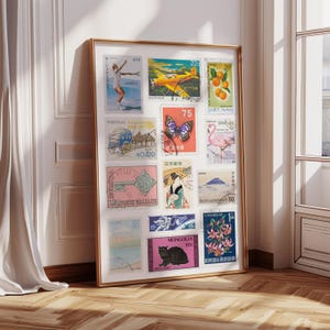 Impresión de sellos vintage, arte mural retro, póster de colección de sellos, póster digital de moda, decoración de apartamentos, impresión artística imprimible