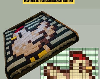 May include: A handmade blanket featuring an 8-bit chicken design, inspired by Stardew Valley. The blanket is primarily beige, brown, and yellow, with a red comb. The text "INSPIRED 8BIT CHICKEN BLANKET PATTERN" is visible. The blanket is rectangular.