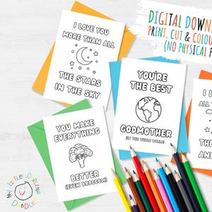 DESCARGA DIGITAL Tarjetas de felicitación para colorear para niños de la madrina Paquete de 8 tarjetas de felicitación para colorear para niños GC0103H La mejor madrina del mundo