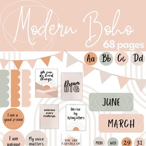 May include: A printable planner with a modern boho theme. The planner includes motivational quotes, a calendar, and a number chart. The colors are peach, beige, and green.
