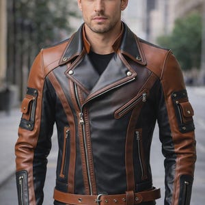 Men's Genuine Leather Dual Tone Biker Jacket, Black Brown Motorcycle Rider Coat