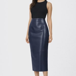 Dark Navy Leather Pencil Skirt – Womens High Waist Midi Skirt
