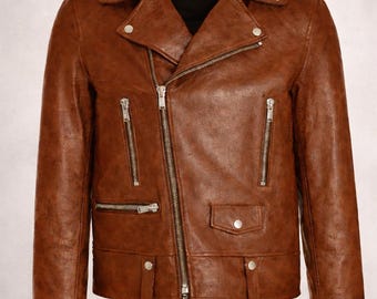 Men's Brown Goat Leather Biker Jacket, Made in Italy Vintage Moto Style
