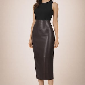 Mud Brown Leather Pencil Skirt – Womens High Waist Midi Skirt