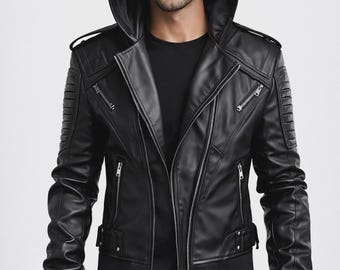 以下が含まれることがあります： フード付きの黒い革のジャケット。複数のジッパーとキルティングされた肩のディテールが特徴です。 ジャケットはフィットしたシルエットとリブ編みの裾が特徴です。 クラシックなアウターウェアです。