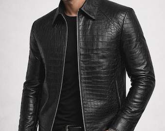 Men's Black Alligator Embossed Leather Biker Jacket, Luxury Croc Texture Designer Outerwear