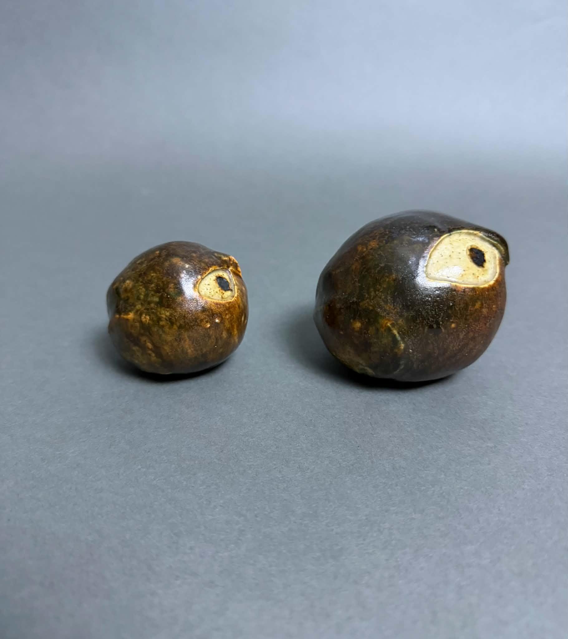 Vintage Handmade Stoneware Pottery Owl Pair Brown with Gold Accents