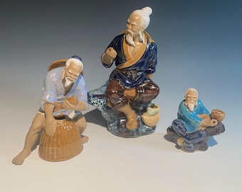 Vintage Chinese Ceramic/Clay Figurines Set of 3 Fishermans