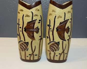 Vintage Mid-Century Ceramic Vases – Unmarked Pair – Embossed Fish Motif – Retro Pottery