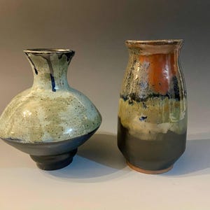 Pair of Studio Pottery Vases – Earthy Drip Glaze – Signed Handmade Ceramic Art