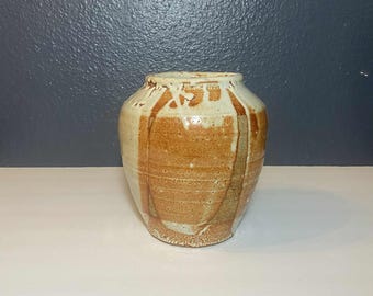 Signed Studio Pottery Vase – Shino Glaze Stoneware, Glazed Interior