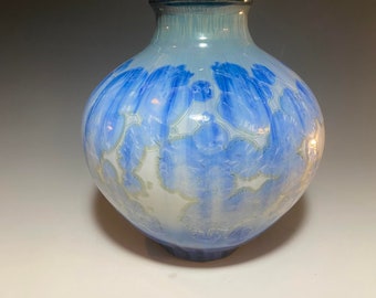 Vase en poterie d'art avec glaçure cristalline Bill Campbell - Signé - Couleur bleue