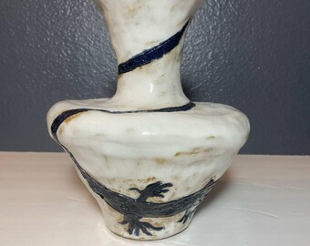 Signed Studio Pottery Vase – Handbuilt White Stoneware with Lizard Relief