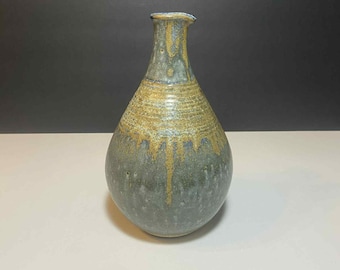 Signed Vintage Studio Pottery Vase – Hand-Thrown Stoneware with Earthy Blue and Golden Glaze