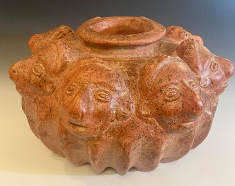 Sculptural Clay Vase with Eight Faces – Handmade Red Terracotta – Bohemian Primitive Style – Colima-Style Pottery