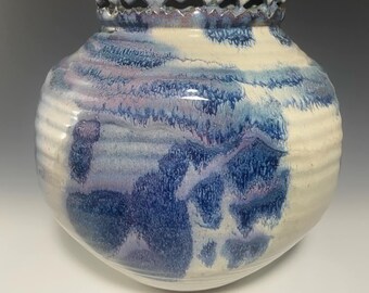Signed Studio Pottery Vase – Hand Motif in Blue on Creamy Glaze – Sculptural Stoneware with Carved Rim