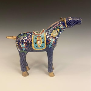 Vintage Chinese Cloisonné Horse – Blue Enamel Brass Figurine – Asian Decor