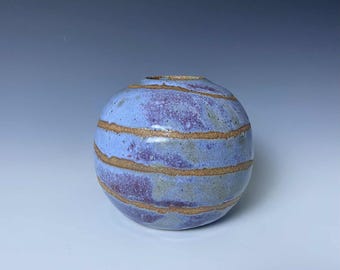 Vintage Signed Studio Pottery Vase – Rounded Handcrafted Stoneware with Blue Gray Glaze