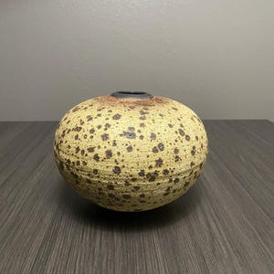 May include: A speckled yellow ceramic vase with a dark brown glaze. The vase is round and has a small opening at the top.