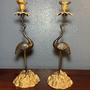 A Pair of 19th Century Gilt and Patinated Bronze Crane Candle Holders