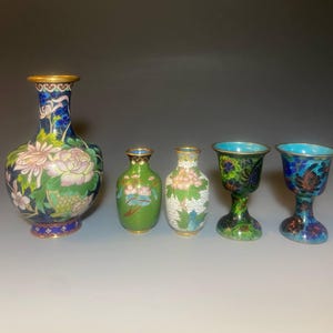 Set of Five (5) Vintage Chinese Cloisonné Enamel Vases – Colorful Miniature Floral Vessels – 1970s Decorative Collection