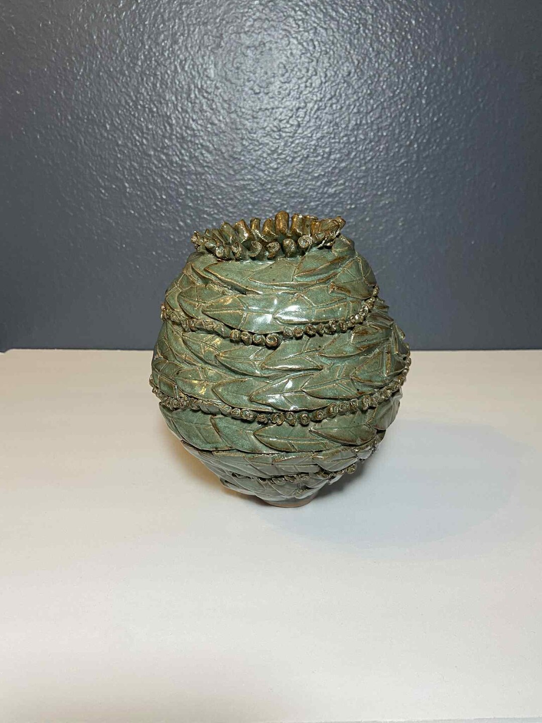Handmade Olive Leaf Pottery Vase – Ruffled Rim Green Ceramic With ...
